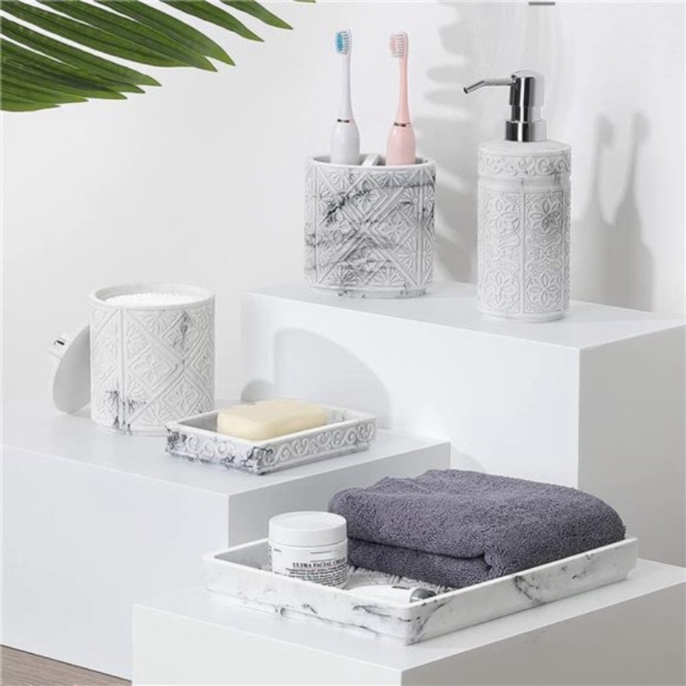 Luxspire Bathroom Accessory Sets 5 Pcs, 3D Resin Vanity Tray, White